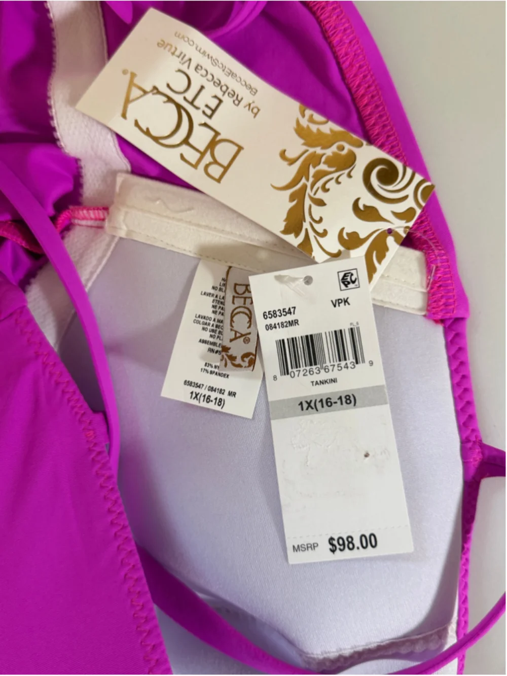 Becca ETC Plus Size 1X Pink Side-Tie Ruffle Adjustable Tankini Top NWT - Picture 6 of 6